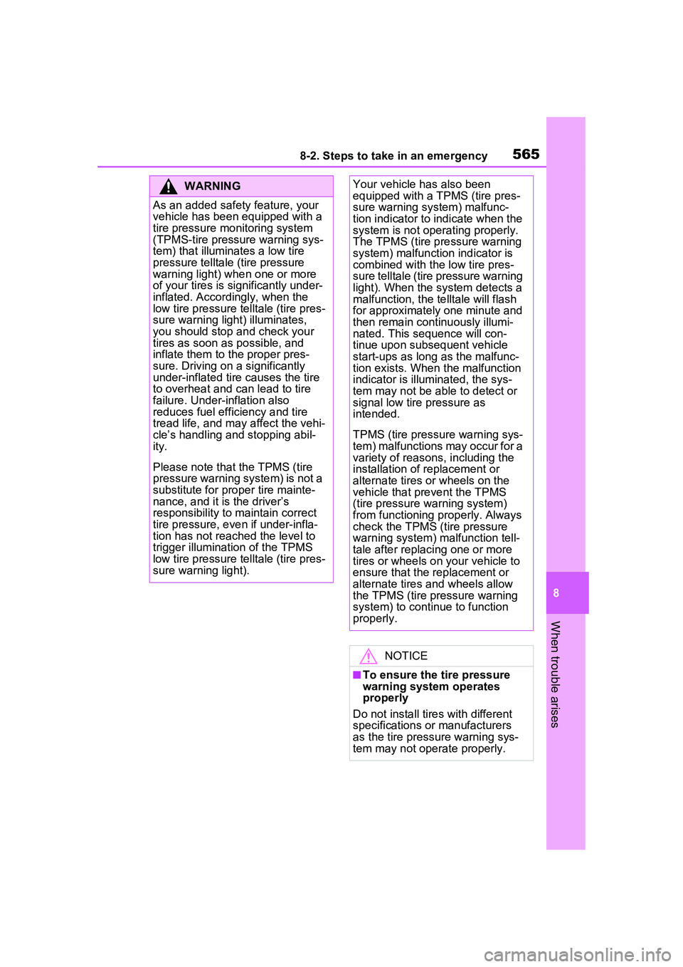 TOYOTA PRIUS PRIME 2023 Owners Manual 5658-2. Steps to take in an emergency
8
When trouble arises
WARNING
As an added safety feature, your
vehicle has been equipped with a
tire pressure monitoring system
(TPMS-tire pressure warning sys TOYOTA PRIUS PRIME 2023 Owners Manual 5658-2. Steps to take in an emergency
8
When trouble arises
WARNING
As an added safety feature, your
vehicle has been equipped with a
tire pressure monitoring system
(TPMS-tire pressure warning sys