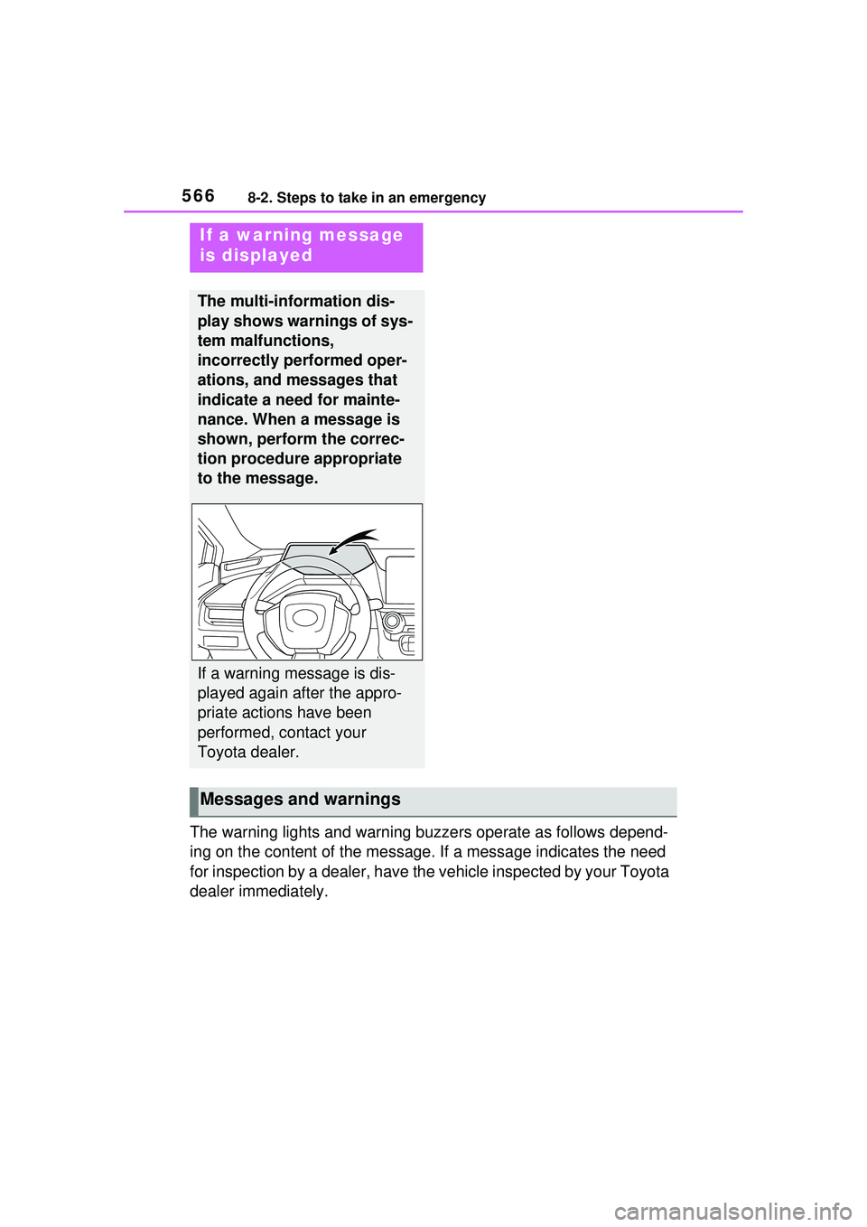 TOYOTA PRIUS PRIME 2023 Owners Manual 5668-2. Steps to take in an emergency
The warning lights and warning buzzers operate as follows depend-
ing on the content of the message. If a message indicates the need
for inspection by a dealer, TOYOTA PRIUS PRIME 2023 Owners Manual 5668-2. Steps to take in an emergency
The warning lights and warning buzzers operate as follows depend-
ing on the content of the message. If a message indicates the need
for inspection by a dealer,