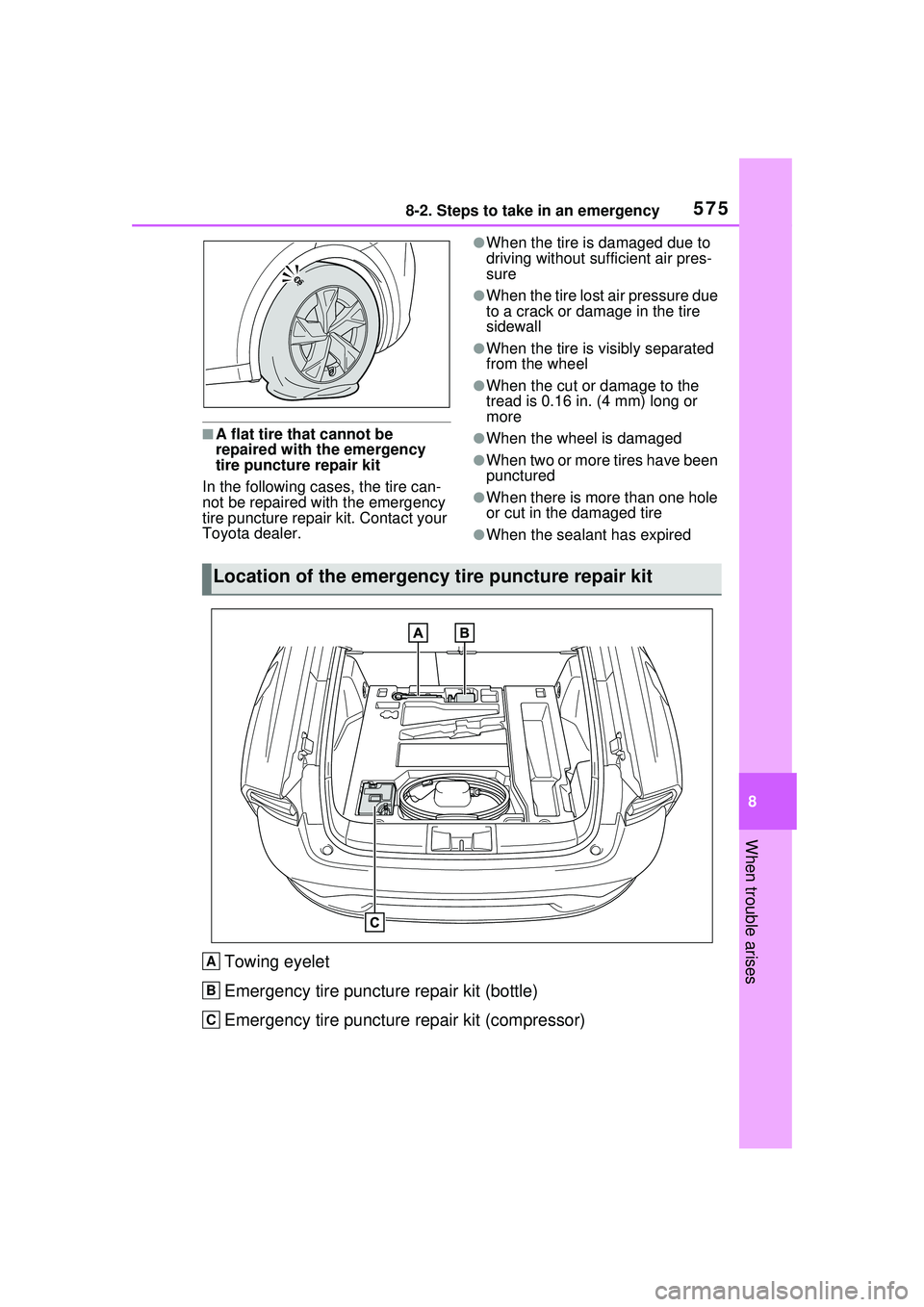 TOYOTA PRIUS PRIME 2023 Owners Manual 5758-2. Steps to take in an emergency
8
When trouble arises
■A flat tire that cannot be
repaired with the emergency
tire puncture repair kit
In the following cases, the tire can-
not be repaired w TOYOTA PRIUS PRIME 2023 Owners Manual 5758-2. Steps to take in an emergency
8
When trouble arises
■A flat tire that cannot be
repaired with the emergency
tire puncture repair kit
In the following cases, the tire can-
not be repaired w