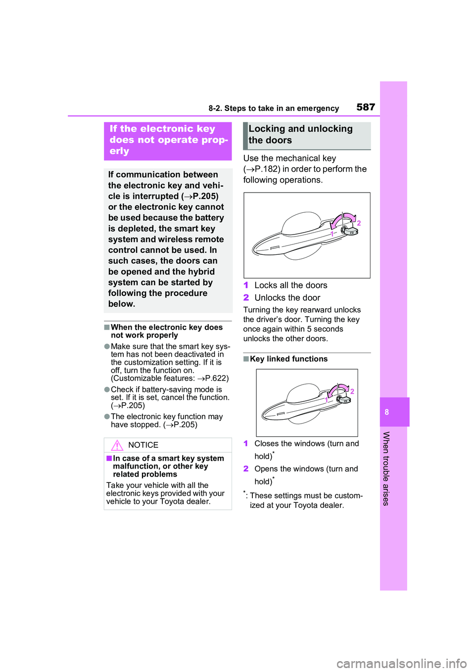 TOYOTA PRIUS PRIME 2023 Owners Manual 5878-2. Steps to take in an emergency
8
When trouble arises
■When the electronic key does
not work properly
●Make sure that the smart key sys-
tem has not been deactivated in
the customization s TOYOTA PRIUS PRIME 2023 Owners Manual 5878-2. Steps to take in an emergency
8
When trouble arises
■When the electronic key does
not work properly
●Make sure that the smart key sys-
tem has not been deactivated in
the customization s