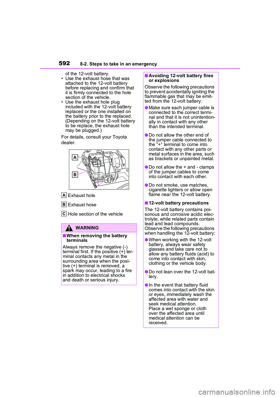 TOYOTA PRIUS PRIME 2023  Owners Manual 5928-2. Steps to take in an emergency
of the 12-volt battery.
• Use the exhaust hose that was  attached to the 12-volt battery 
before replacing and confirm that 
it is firmly connected to the hole 
