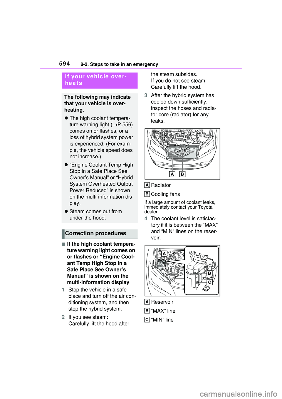 TOYOTA PRIUS PRIME 2023  Owners Manual 5948-2. Steps to take in an emergency
■If the high coolant tempera-
ture warning light comes on 
or flashes or “Engine Cool-
ant Temp High Stop in a 
Safe Place See Owner’s 
Manual” is shown o
