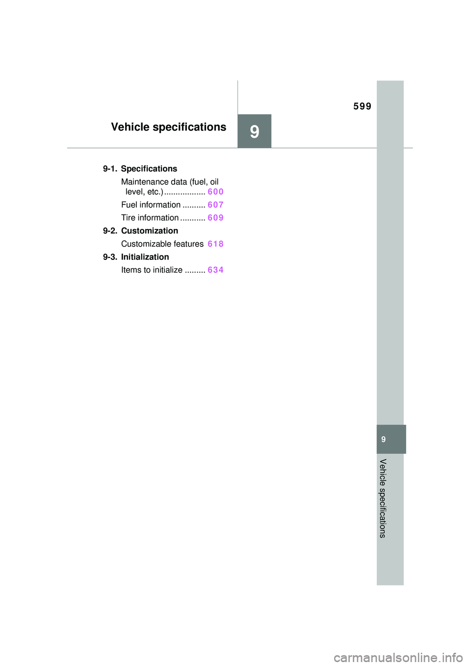 TOYOTA PRIUS PRIME 2023  Owners Manual 599
9
9
Vehicle specifications
Vehicle specifications
9-1. SpecificationsMaintenance data (fuel, oil level, etc.) .................. 600
Fuel information .......... 607
Tire information ........... 60