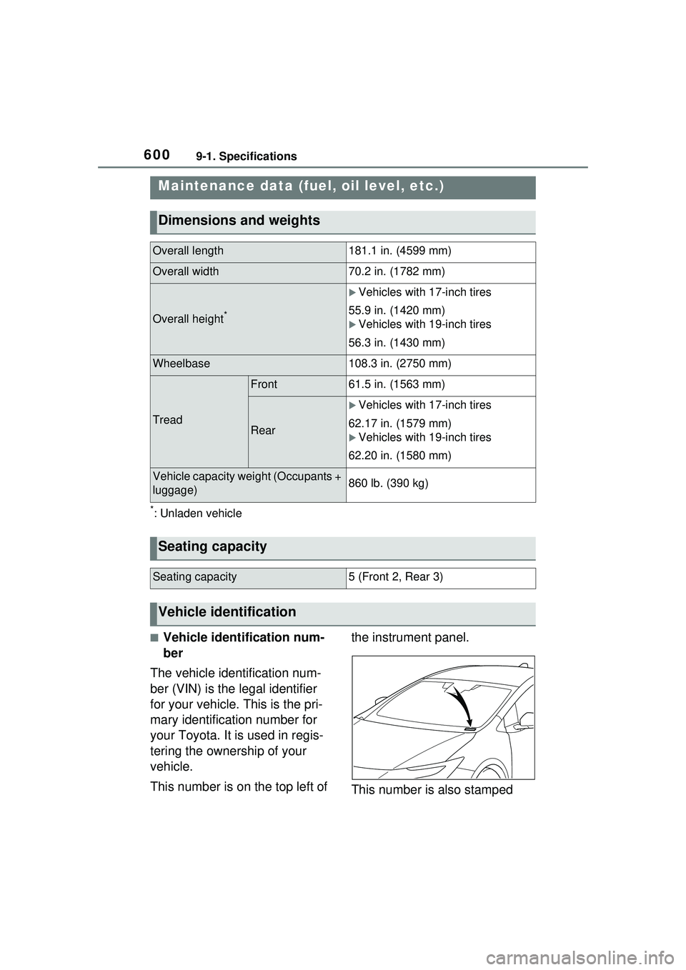 TOYOTA PRIUS PRIME 2023  Owners Manual 6009-1. Specifications
9-1.Specifications
*: Unladen vehicle
■Vehicle identification num-
ber
The vehicle identification num-
ber (VIN) is the legal identifier 
for your vehicle. This is the pri-
ma