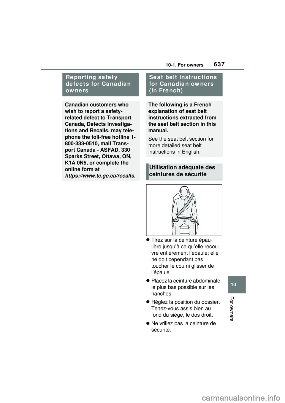 TOYOTA PRIUS PRIME 2023  Owners Manual 63710-1. For owners
10
For owners
Tirez sur la ceinture épau-
lière jusqu’à ce qu’elle recou-
vre entièrement l’épaule; elle 
ne doit cependant pas 
toucher le cou ni glisser de 
l’ép