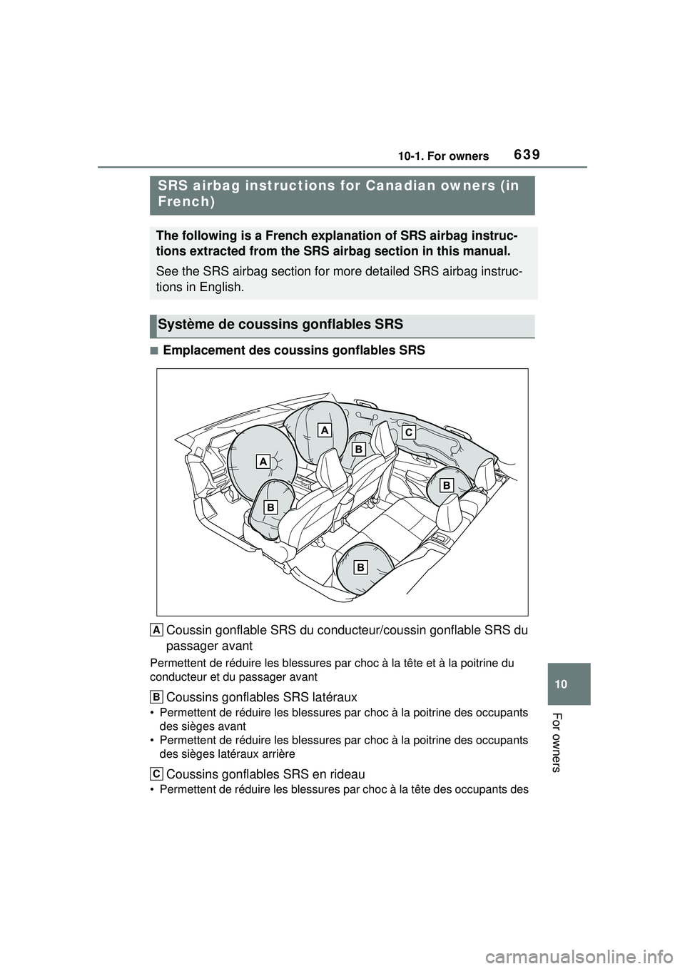 TOYOTA PRIUS PRIME 2023  Owners Manual 63910-1. For owners
10
For owners
■Emplacement des coussins gonflables SRSCoussin gonflable SRS du conducteur/coussin gonflable SRS du 
passager avant
Permettent de réduire les blessures par  choc 