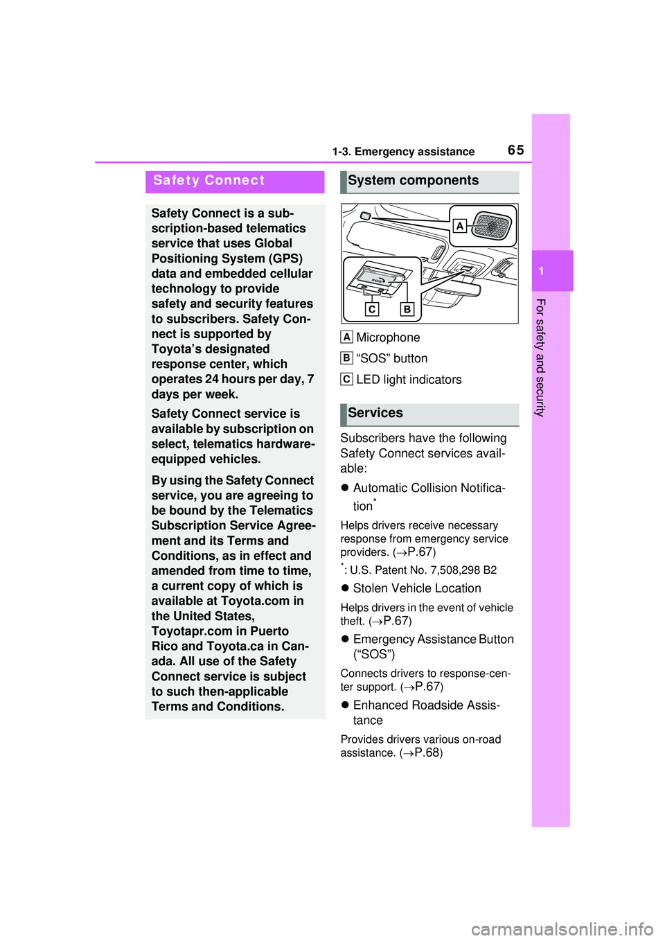 TOYOTA PRIUS PRIME 2023 Repair Manual 651-3. Emergency assistance
1
For safety and security
1-3.Emergency assistance
Microphone
“SOS” button
LED light indicators
Subscribers have the following 
Safety Connect services avail-
able:
