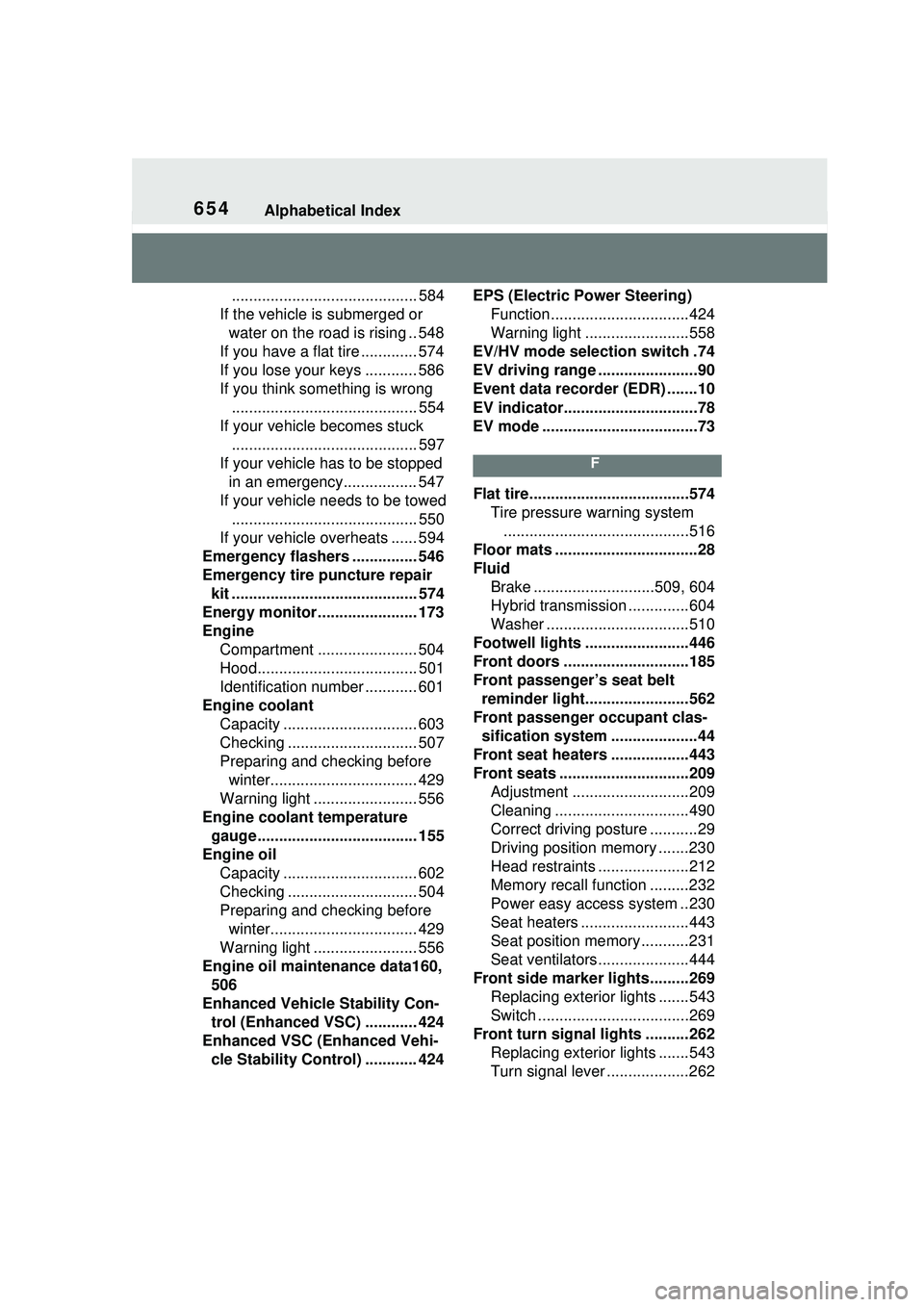 TOYOTA PRIUS PRIME 2023  Owners Manual 654Alphabetical Index
........................................... 584
If the vehicle is submerged or  water on the road is rising .. 548
If you have a flat tire ............. 574
If you lose your keys