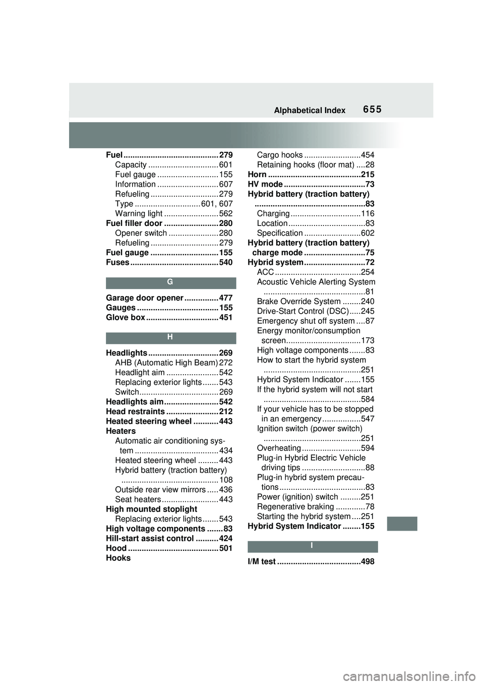 TOYOTA PRIUS PRIME 2023  Owners Manual Alphabetical Index655
Fuel .......................................... 279Capacity ............................... 601
Fuel gauge ........................... 155
Information ...........................