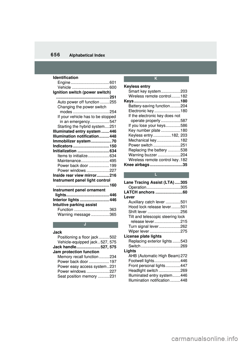 TOYOTA PRIUS PRIME 2023  Owners Manual 656Alphabetical Index
IdentificationEngine .................................. 601
Vehicle ................................. 600
Ignition switch (power switch) .........................................