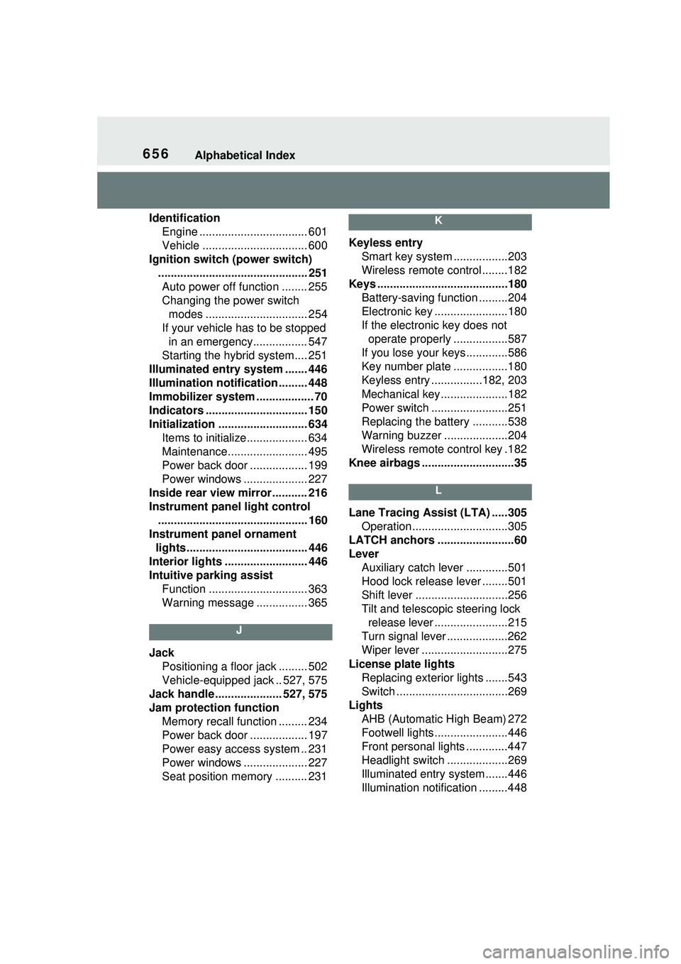 TOYOTA PRIUS PRIME 2023  Owners Manual 656Alphabetical Index
IdentificationEngine .................................. 601
Vehicle ................................. 600
Ignition switch (power switch) .........................................