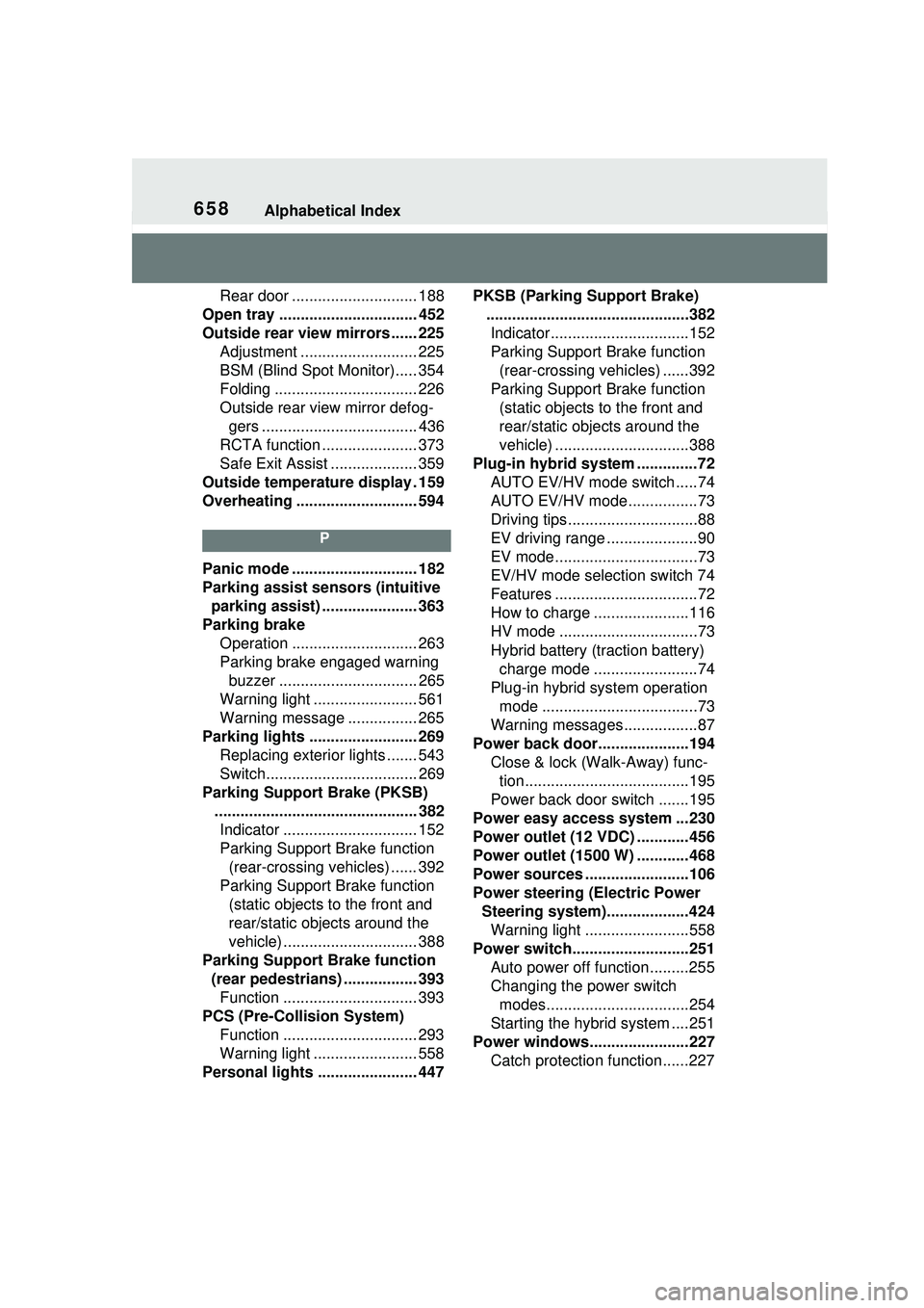 TOYOTA PRIUS PRIME 2023  Owners Manual 658Alphabetical Index
Rear door ............................. 188
Open tray ................................ 452
Outside rear view mirrors ...... 225 Adjustment ........................... 225
BSM (Bl