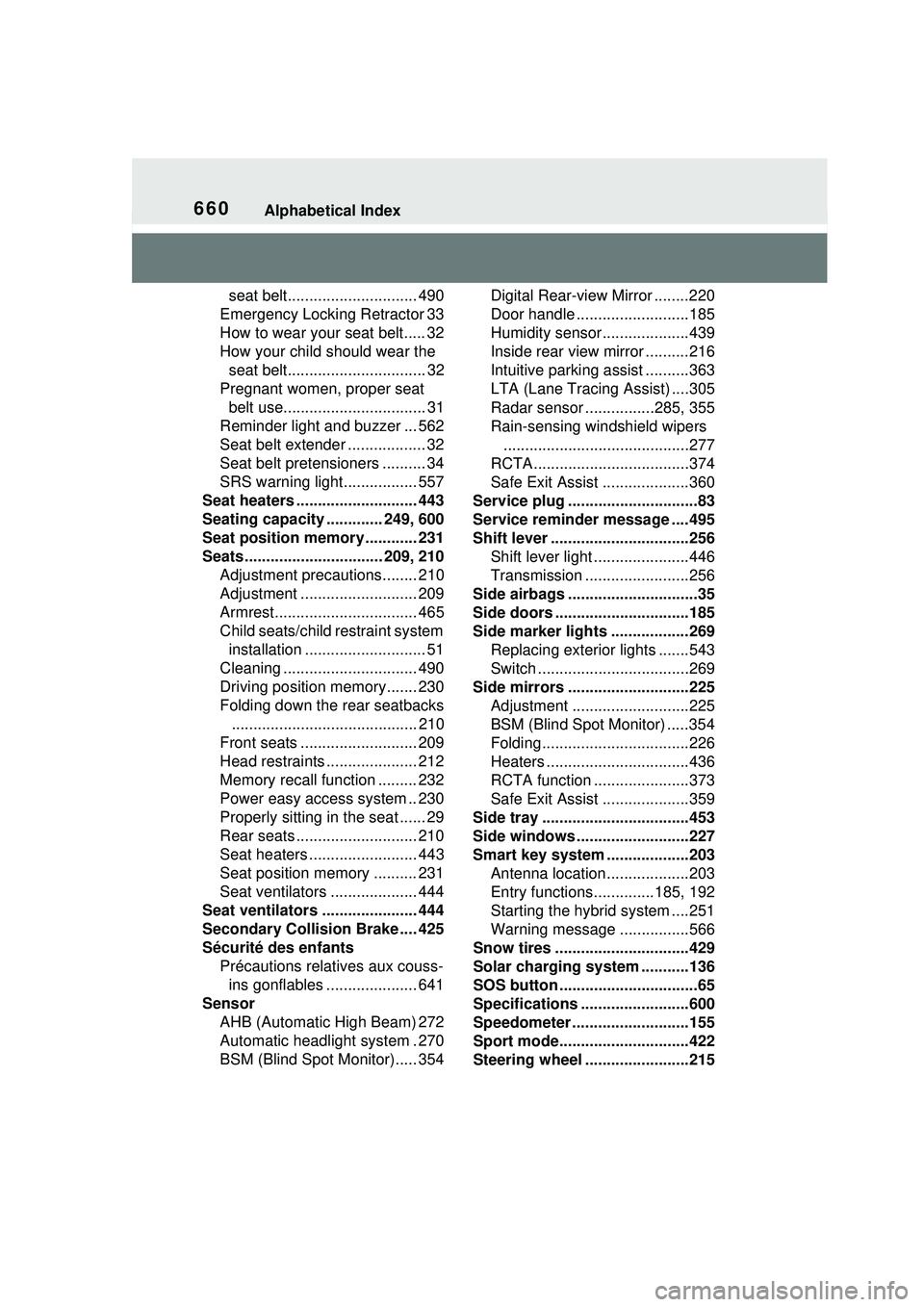TOYOTA PRIUS PRIME 2023  Owners Manual 660Alphabetical Index
seat belt.............................. 490
Emergency Locking Retractor 33
How to wear your seat belt..... 32
How your child should wear the  seat belt...........................
