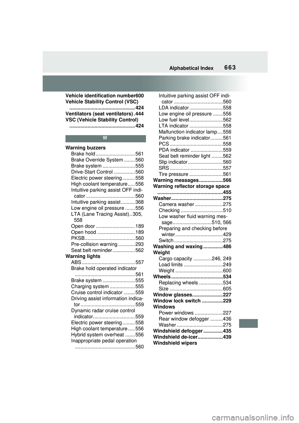 TOYOTA PRIUS PRIME 2023 Owners Manual Alphabetical Index663
Vehicle identification number600
Vehicle Stability Control (VSC)............................................... 424
Ventilators (seat ventilators) . 444
VSC (Vehicle Stability Co TOYOTA PRIUS PRIME 2023 Owners Manual Alphabetical Index663
Vehicle identification number600
Vehicle Stability Control (VSC)............................................... 424
Ventilators (seat ventilators) . 444
VSC (Vehicle Stability Co