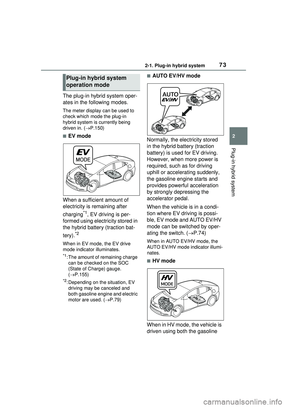 TOYOTA PRIUS PRIME 2023  Owners Manual 732-1. Plug-in hybrid system
2
Plug-in hybrid system
The plug-in hybrid system oper-
ates in the following modes.
The meter display can be used to 
check which mode the plug-in 
hybrid system is curre