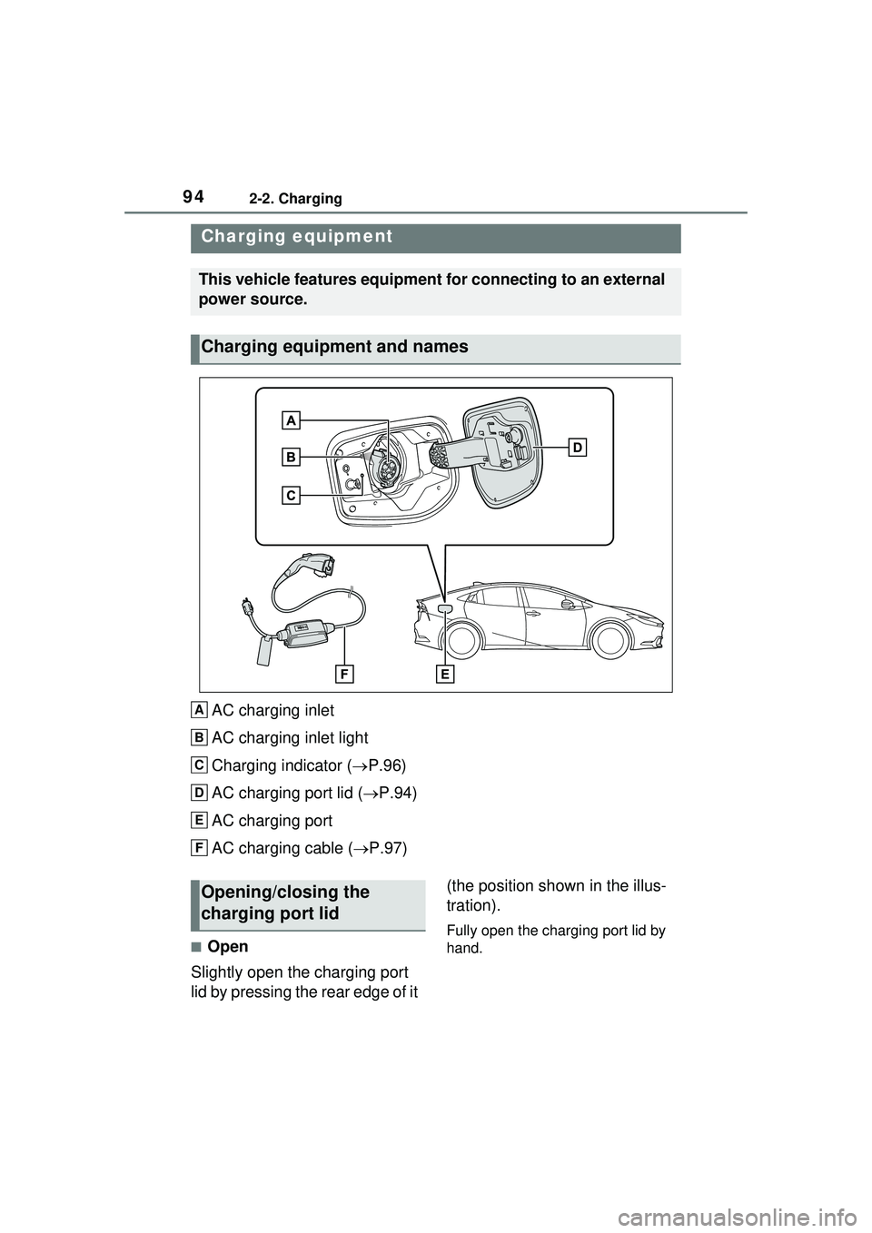 TOYOTA PRIUS PRIME 2023  Owners Manual 942-2. Charging
2-2.Charging
AC charging inlet
AC charging inlet light
Charging indicator (P.96)
AC charging port lid ( P.94)
AC charging port
AC charging cable ( P.97)
■Open
Slightly open 