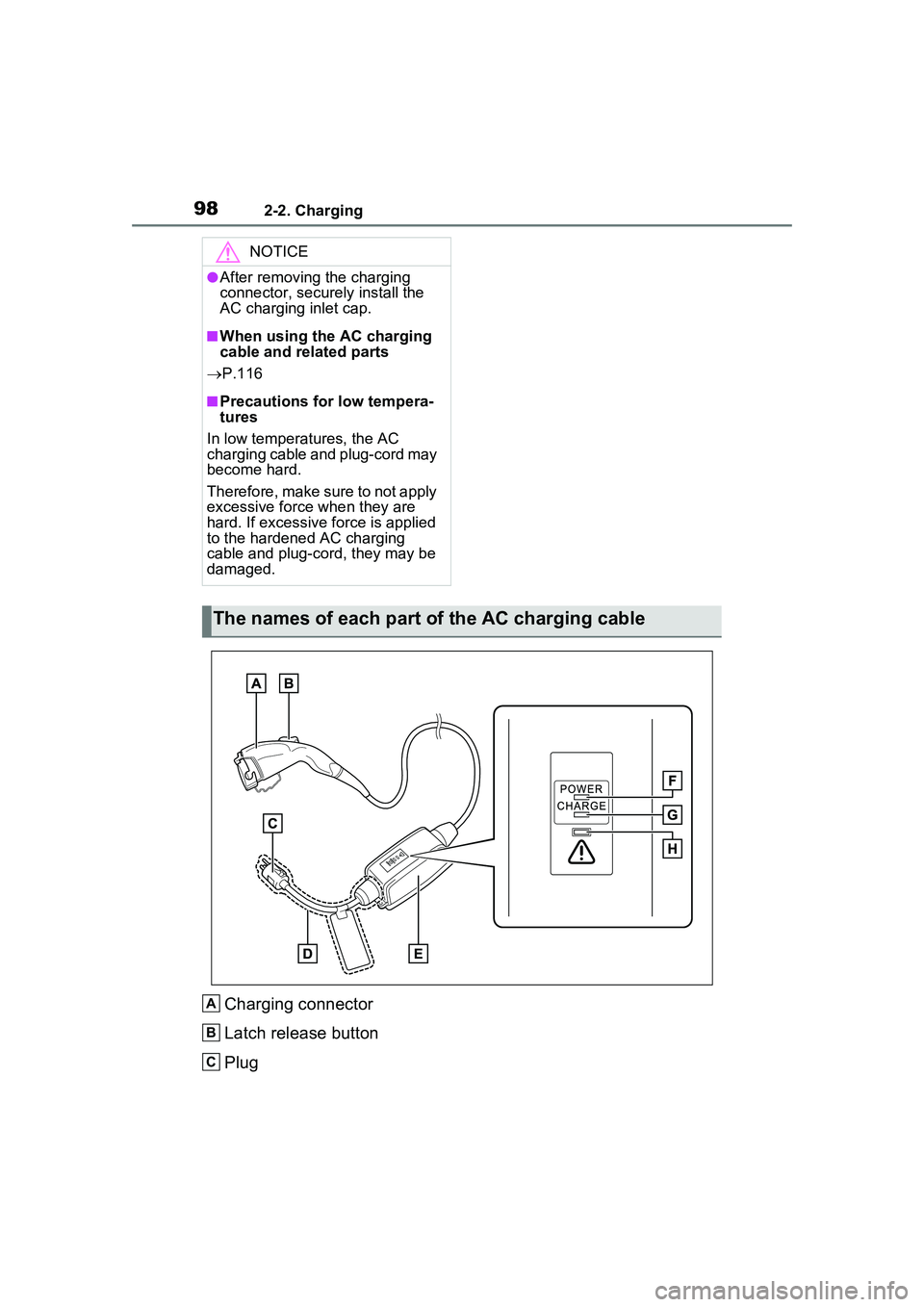 TOYOTA PRIUS PRIME 2023  Owners Manual 982-2. Charging
Charging connector
Latch release button
Plug
NOTICE
●After removing the charging 
connector, securely install the 
AC charging inlet cap.
■When using the AC charging 
cable and rel
