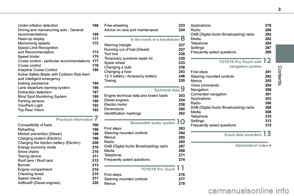 TOYOTA PROACE 2023  Owners Manual 3
Contents
Under-inflation detection  168Driving and manoeuvring aids - General recommendations  169Head-up display  171Memorising speeds  172Speed Limit Recognition  and Recommendation  173Speed limi