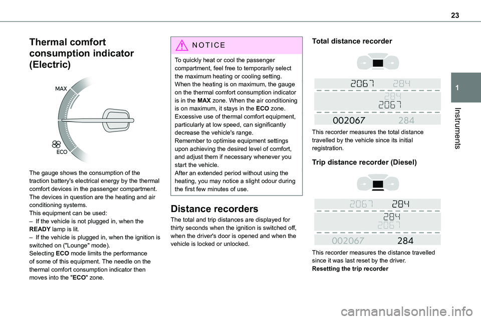 TOYOTA PROACE 2023 Owners Manual 23
Instruments
1
Thermal comfort
consumption indicator
(Electric)
The gauge shows the consumption of the traction battery's electrical energy by the thermal comfort devices in the passenger c TOYOTA PROACE 2023 Owners Manual 23
Instruments
1
Thermal comfort
consumption indicator
(Electric)
The gauge shows the consumption of the traction battery's electrical energy by the thermal comfort devices in the passenger c