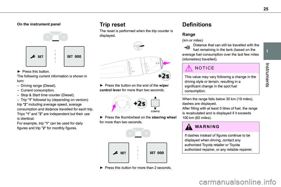 TOYOTA PROACE 2023 Owners Manual 25
Instruments
1
On the instrument panel
► Press this button.The following current information is shown in turn:– Driving range (Diesel).– Current consumption.– Stop & Start time counter TOYOTA PROACE 2023 Owners Manual 25
Instruments
1
On the instrument panel
► Press this button.The following current information is shown in turn:– Driving range (Diesel).– Current consumption.– Stop & Start time counter