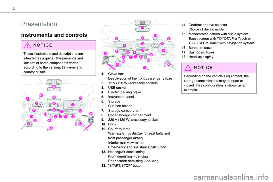 TOYOTA PROACE 2023  Owners Manual 4
Presentation
Instruments and controls
NOTIC E
These illustrations and descriptions are intended as a guide. The presence and location of some components varies according to the version, trim level a
