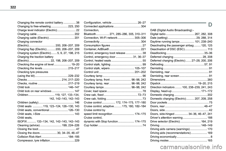 TOYOTA PROACE 2023  Owners Manual 322
Changing the remote control battery   38Changing to free-wheeling   223, 250Charge level indicator (Electric)   22Charging cable   202Charging cable (Electric)   201Charging connector  (Electric) 