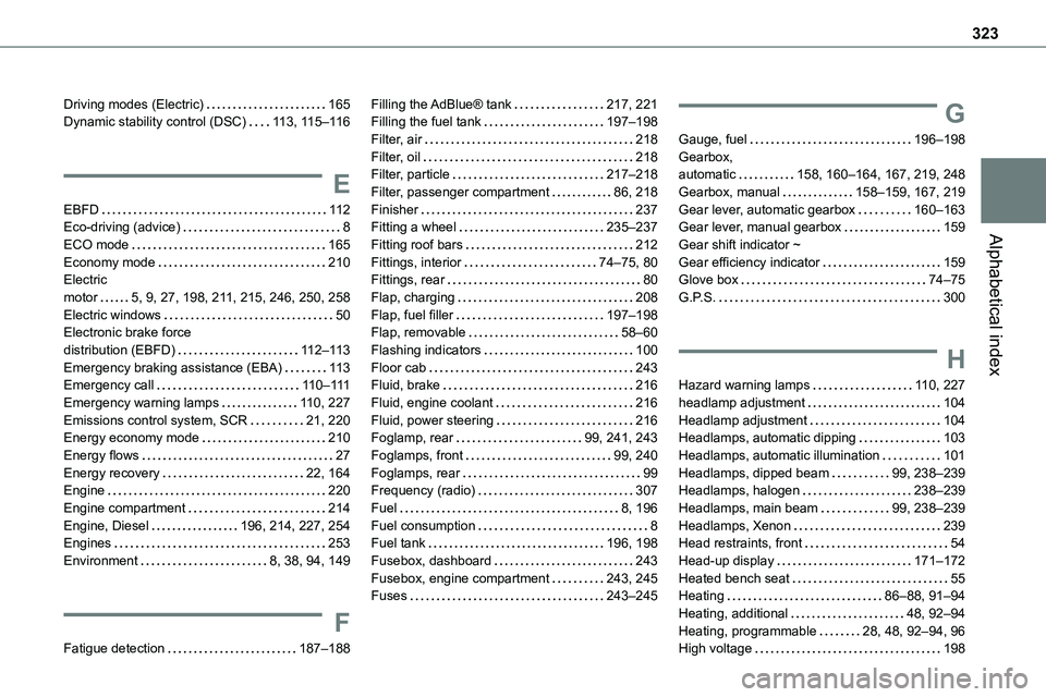 TOYOTA PROACE 2023  Owners Manual 323
Alphabetical index
Driving modes (Electric)   165Dynamic stability control (DSC)   11 3, 11 5–11 6
E
EBFD   11 2Eco-driving (advice)   8
ECO mode   165Economy mode   210Electric  motor   5, 9, 2