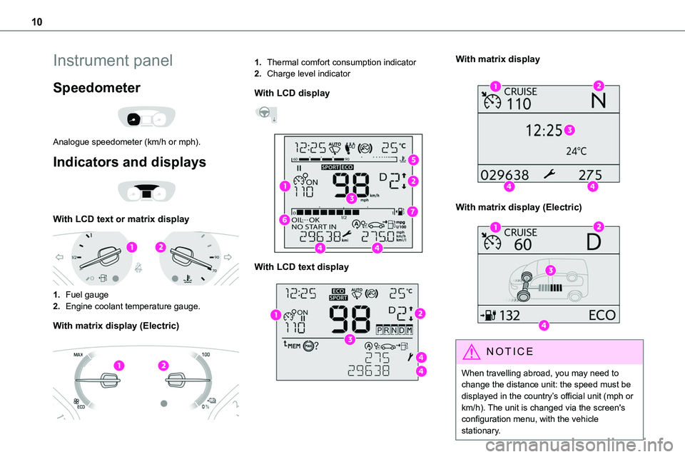TOYOTA PROACE 2023 Owners Manual 10
Instrument panel
Speedometer
Analogue speedometer (km/h or mph).
Indicators and displays
With LCD text or matrix display
1.Fuel gauge
2.Engine coolant temperature gauge.
With matrix displa TOYOTA PROACE 2023 Owners Manual 10
Instrument panel
Speedometer
Analogue speedometer (km/h or mph).
Indicators and displays
With LCD text or matrix display
1.Fuel gauge
2.Engine coolant temperature gauge.
With matrix displa