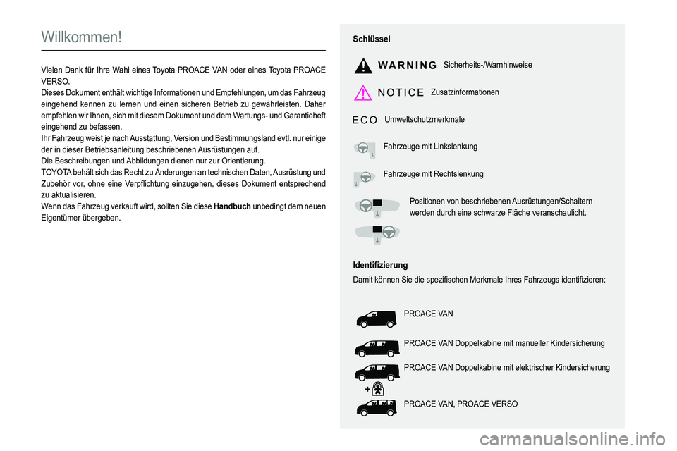 TOYOTA PROACE 2023 Betriebsanleitungen (in German)
Willkommen!
Vielen Dank für Ihre Wahl eines Toyota PROACE VAN oder eines Toyota PROACE VERSO.Dieses Dokument enthält wichtige Informationen und Empfe TOYOTA PROACE 2023 Betriebsanleitungen (in German)
Willkommen!
Vielen Dank für Ihre Wahl eines Toyota PROACE VAN oder eines Toyota PROACE VERSO.Dieses Dokument enthält wichtige Informationen und Empfe