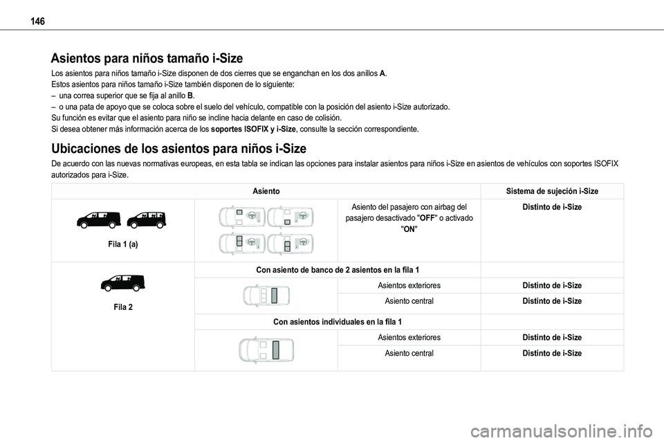 TOYOTA PROACE 2023  Manual del propietario (in Spanish) 146
Asientos para niños tamaño i-Size
Los asientos para niños tamaño i-Size disponen de dos cierres que \
se enganchan en los dos anillos A.Estos asientos para niños tamaño i-Size también dispo