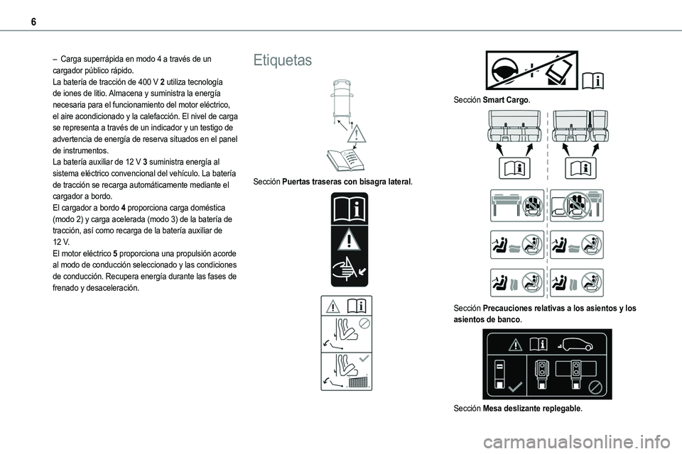 TOYOTA PROACE 2023 Manual del propietario (in Spanish) 6
– Carga superrápida en modo 4 a través de un cargador público rápido.La batería de tracción de 400 V 2 utiliza tecnología de iones de litio. Almacena y suministra la energía necesaria para TOYOTA PROACE 2023 Manual del propietario (in Spanish) 6
– Carga superrápida en modo 4 a través de un cargador público rápido.La batería de tracción de 400 V 2 utiliza tecnología de iones de litio. Almacena y suministra la energía necesaria para