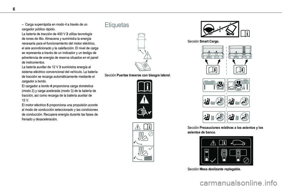 TOYOTA PROACE 2023  Manual del propietario (in Spanish) 6
– Carga superrápida en modo 4 a través de un cargador público rápido.La batería de tracción de 400 V 2 utiliza tecnología de iones de litio. Almacena y suministra la energía necesaria para