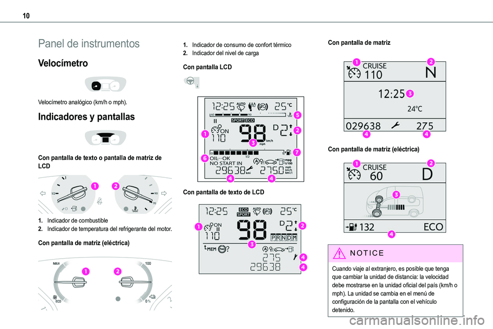 TOYOTA PROACE 2023 Manual del propietario (in Spanish) 10
Panel de instrumentos
Velocímetro
Velocímetro analógico (km/h o mph).
Indicadores y pantallas
Con pantalla de texto o pantalla de matriz de LCD
1.Indicador de combustible
2.Indicador de TOYOTA PROACE 2023 Manual del propietario (in Spanish) 10
Panel de instrumentos
Velocímetro
Velocímetro analógico (km/h o mph).
Indicadores y pantallas
Con pantalla de texto o pantalla de matriz de LCD
1.Indicador de combustible
2.Indicador de