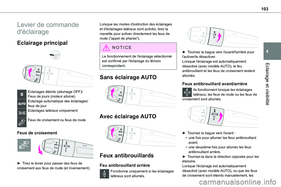 TOYOTA PROACE 2023 Manuel du propriétaire (in French) 103
Eclairage et visibilité
4
Levier de commande
d'éclairage
Eclairage principal
Eclairages éteints (allumage OFF)/Feux de jours (moteur allumé)Eclairage automatique des éclairages/feu TOYOTA PROACE 2023 Manuel du propriétaire (in French) 103
Eclairage et visibilité
4
Levier de commande
d'éclairage
Eclairage principal
Eclairages éteints (allumage OFF)/Feux de jours (moteur allumé)Eclairage automatique des éclairages/feu