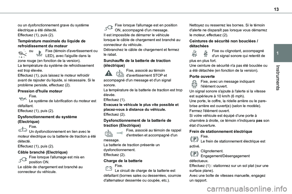 TOYOTA PROACE 2023 Manuel du propriétaire (in French) 13
Instruments
1
ou un dysfonctionnement grave du système électrique a été détecté.Effectuez (1), puis (2).
Température maximale du liquide de refroidissement du moteurou Fixe (témoin d'av TOYOTA PROACE 2023 Manuel du propriétaire (in French) 13
Instruments
1
ou un dysfonctionnement grave du système électrique a été détecté.Effectuez (1), puis (2).
Température maximale du liquide de refroidissement du moteurou Fixe (témoin d'av