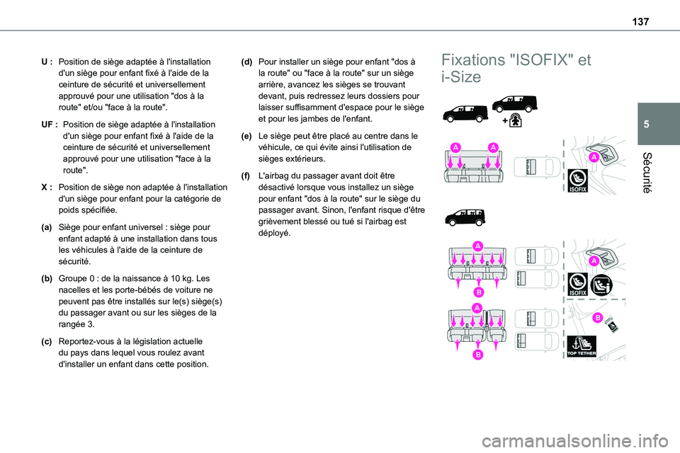 TOYOTA PROACE 2023 Manuel du propriétaire (in French) 137
Sécurité
5
U :Position de siège adaptée à l'installation d'un siège pour enfant fixé à l'aide de la ceinture de sécurité et universellement approuvé pour une utilisation TOYOTA PROACE 2023 Manuel du propriétaire (in French) 137
Sécurité
5
U :Position de siège adaptée à l'installation d'un siège pour enfant fixé à l'aide de la ceinture de sécurité et universellement approuvé pour une utilisation