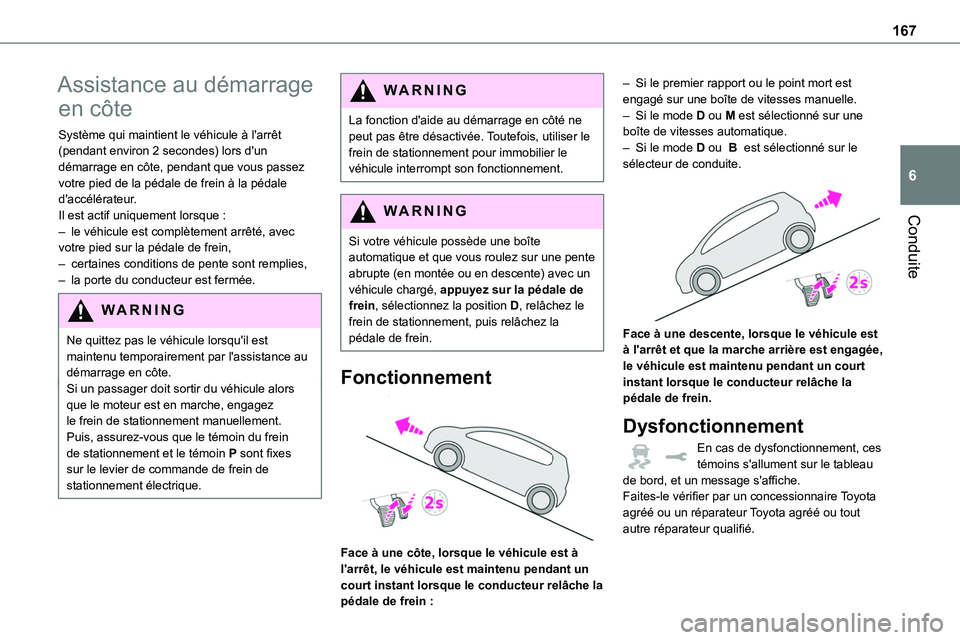 TOYOTA PROACE 2023 Manuel du propriétaire (in French) 167
Conduite
6
Assistance au démarrage
en côte
Système qui maintient le véhicule à l'arrêt (pendant environ 2 secondes) lors d'un démarrage en côte, pendant que vous passez votre pied TOYOTA PROACE 2023 Manuel du propriétaire (in French) 167
Conduite
6
Assistance au démarrage
en côte
Système qui maintient le véhicule à l'arrêt (pendant environ 2 secondes) lors d'un démarrage en côte, pendant que vous passez votre pied