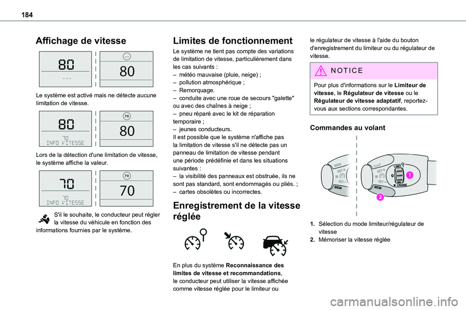 TOYOTA PROACE 2023 Manuel du propriétaire (in French) 184
Affichage de vitesse
Le système est activé mais ne détecte aucune limitation de vitesse.
Lors de la détection d'une limitation de vitesse, le système affiche la valeur.
S'il TOYOTA PROACE 2023 Manuel du propriétaire (in French) 184
Affichage de vitesse
Le système est activé mais ne détecte aucune limitation de vitesse.
Lors de la détection d'une limitation de vitesse, le système affiche la valeur.
S'il