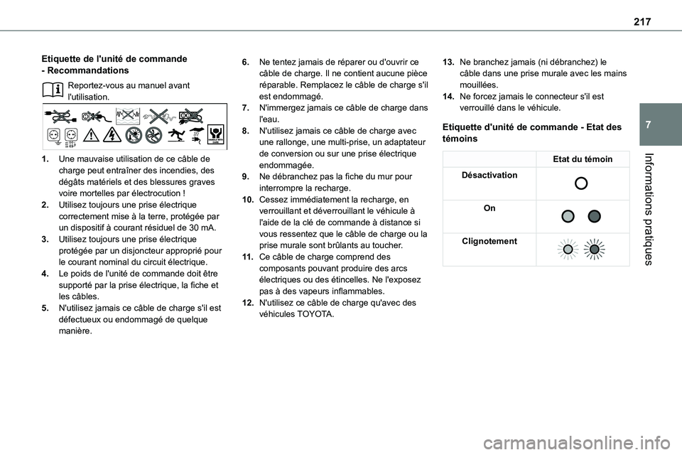 TOYOTA PROACE 2023 Manuel du propriétaire (in French) 217
Informations pratiques
7
Etiquette de l'unité de commande - Recommandations
Reportez-vous au manuel avant l'utilisation.
1.Une mauvaise utilisation de ce câble de charge peut entraîner TOYOTA PROACE 2023 Manuel du propriétaire (in French) 217
Informations pratiques
7
Etiquette de l'unité de commande - Recommandations
Reportez-vous au manuel avant l'utilisation.
1.Une mauvaise utilisation de ce câble de charge peut entraîner