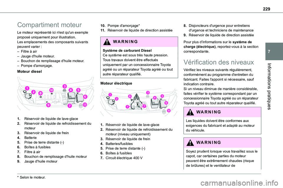 TOYOTA PROACE 2023 Manuel du propriétaire (in French) 229
Informations pratiques
7
Compartiment moteur
Le moteur représenté ici n'est qu'un exemple proposé uniquement pour illustration.Les emplacements des composants suivants peuvent varier :â TOYOTA PROACE 2023 Manuel du propriétaire (in French) 229
Informations pratiques
7
Compartiment moteur
Le moteur représenté ici n'est qu'un exemple proposé uniquement pour illustration.Les emplacements des composants suivants peuvent varier :â