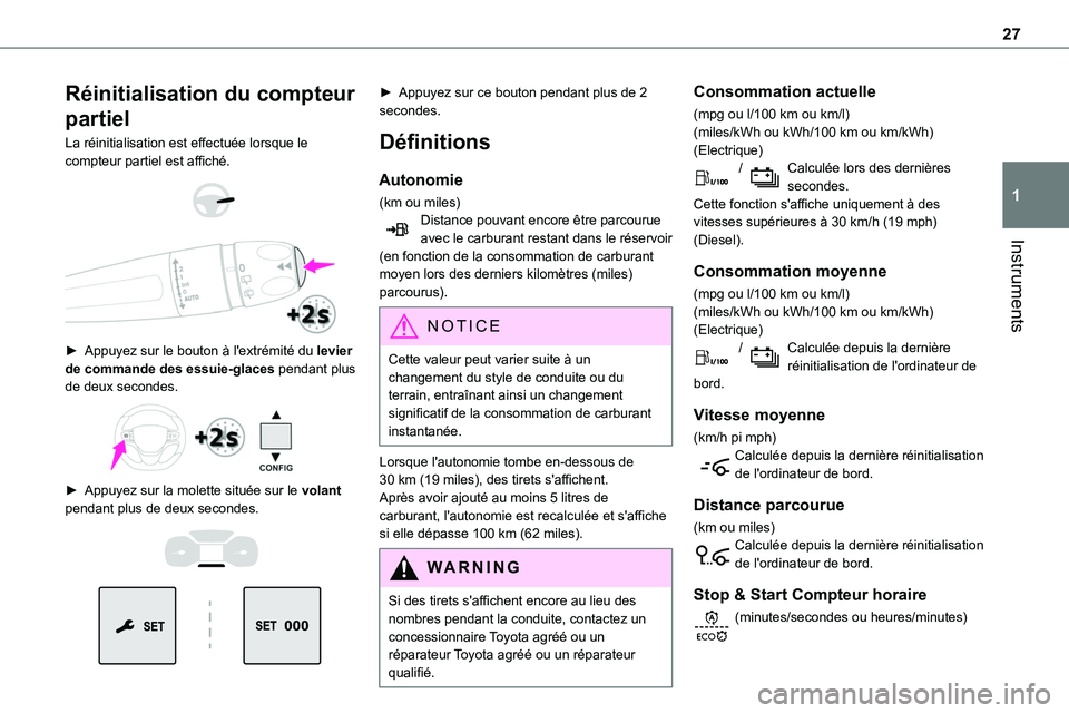 TOYOTA PROACE 2023 Manuel du propriétaire (in French) 27
Instruments
1
Réinitialisation du compteur
partiel
La réinitialisation est effectuée lorsque le compteur partiel est affiché.
► Appuyez sur le bouton à l'extrémité du levier de TOYOTA PROACE 2023 Manuel du propriétaire (in French) 27
Instruments
1
Réinitialisation du compteur
partiel
La réinitialisation est effectuée lorsque le compteur partiel est affiché.
► Appuyez sur le bouton à l'extrémité du levier de