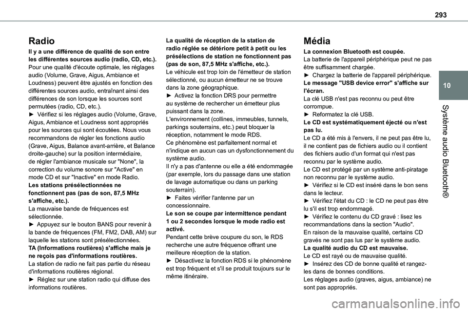 TOYOTA PROACE 2023 Manuel du propriétaire (in French) 293
Système audio Bluetooth®
10
Radio
Il y a une différence de qualité de son entre les différentes sources audio (radio, CD, etc.).Pour une qualité d'écoute optimale, les réglages audio ( TOYOTA PROACE 2023 Manuel du propriétaire (in French) 293
Système audio Bluetooth®
10
Radio
Il y a une différence de qualité de son entre les différentes sources audio (radio, CD, etc.).Pour une qualité d'écoute optimale, les réglages audio (