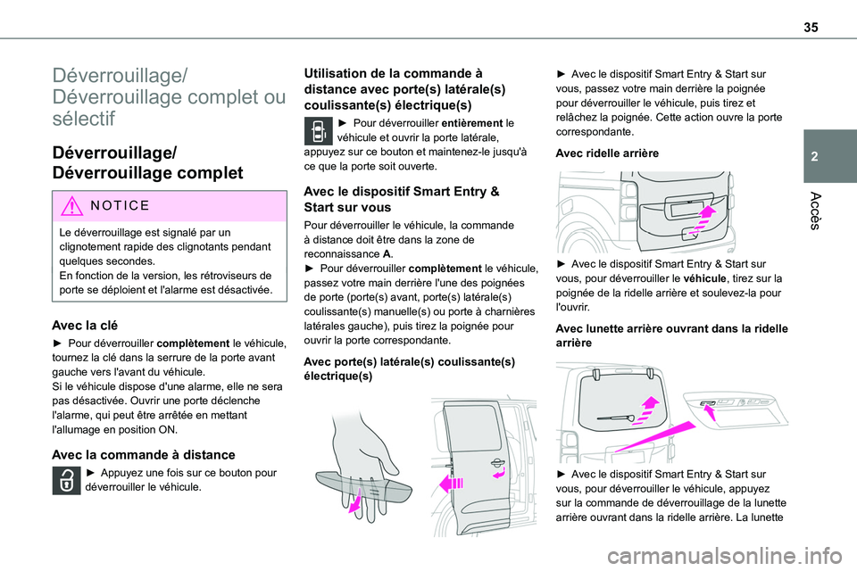 TOYOTA PROACE 2023  Manuel du propriétaire (in French) 35
Accès
2
Déverrouillage/
Déverrouillage complet ou 
sélectif
Déverrouillage/
Déverrouillage complet
NOTIC E
Le déverrouillage est signalé par un clignotement rapide des clignotants pendant q