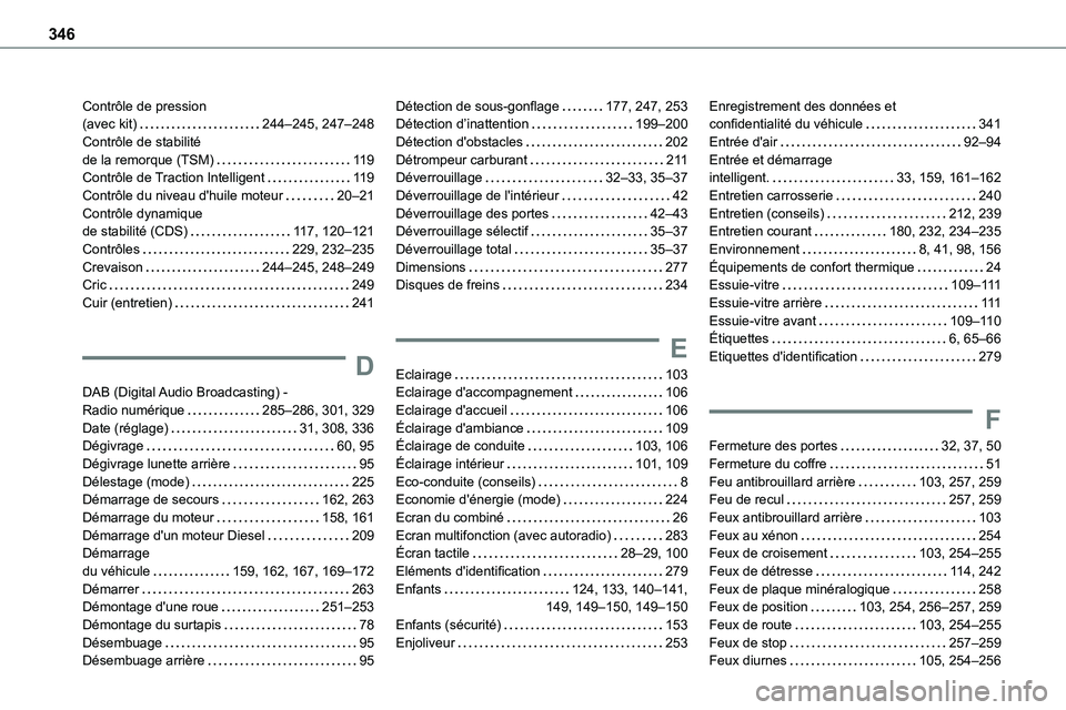 TOYOTA PROACE 2023 Manuel du propriétaire (in French) 346
Contrôle de pression (avec kit) 244–245, 247–248Contrôle de stabilité de la remorque (TSM) 11 9Contrôle de Traction Intelligent 11 9Contrôle du niveau d'huile moteur 20–21 TOYOTA PROACE 2023 Manuel du propriétaire (in French) 346
Contrôle de pression (avec kit) 244–245, 247–248Contrôle de stabilité de la remorque (TSM) 11 9Contrôle de Traction Intelligent 11 9Contrôle du niveau d'huile moteur 20–21