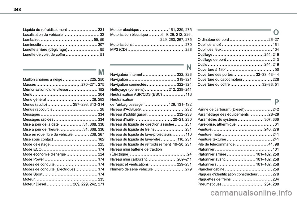 TOYOTA PROACE 2023 Manuel du propriétaire (in French) 348
Liquide de refroidissement 231Localisation du véhicule 33Lombaire 55, 59Luminosité 307Lunette arrière (dégivrage) 95Lunette de volet de coffre 51
M
Maillon chaînes à neige 225, TOYOTA PROACE 2023 Manuel du propriétaire (in French) 348
Liquide de refroidissement 231Localisation du véhicule 33Lombaire 55, 59Luminosité 307Lunette arrière (dégivrage) 95Lunette de volet de coffre 51
M
Maillon chaînes à neige 225,