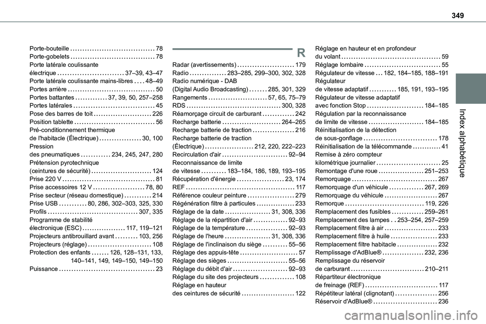 TOYOTA PROACE 2023 Manuel du propriétaire (in French) 349
Index alphabétique
Porte-bouteille 78Porte-gobelets 78Porte latérale coulissante électrique 37–39, 43–47Porte latérale coulissante mains-libres 48–49Portes arrière 50Portes b TOYOTA PROACE 2023 Manuel du propriétaire (in French) 349
Index alphabétique
Porte-bouteille 78Porte-gobelets 78Porte latérale coulissante électrique 37–39, 43–47Porte latérale coulissante mains-libres 48–49Portes arrière 50Portes b