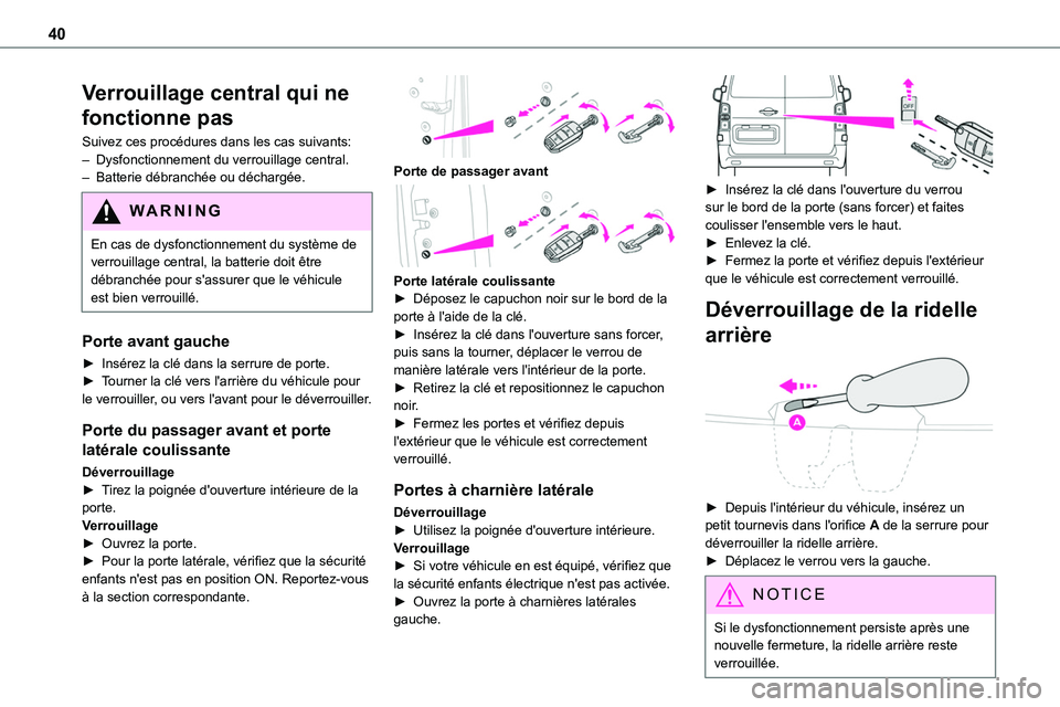 TOYOTA PROACE 2023  Manuel du propriétaire (in French) 40
Verrouillage central qui ne 
fonctionne pas
Suivez ces procédures dans les cas suivants:– Dysfonctionnement du verrouillage central.– Batterie débranchée ou déchargée.
WARNI NG
En cas de d