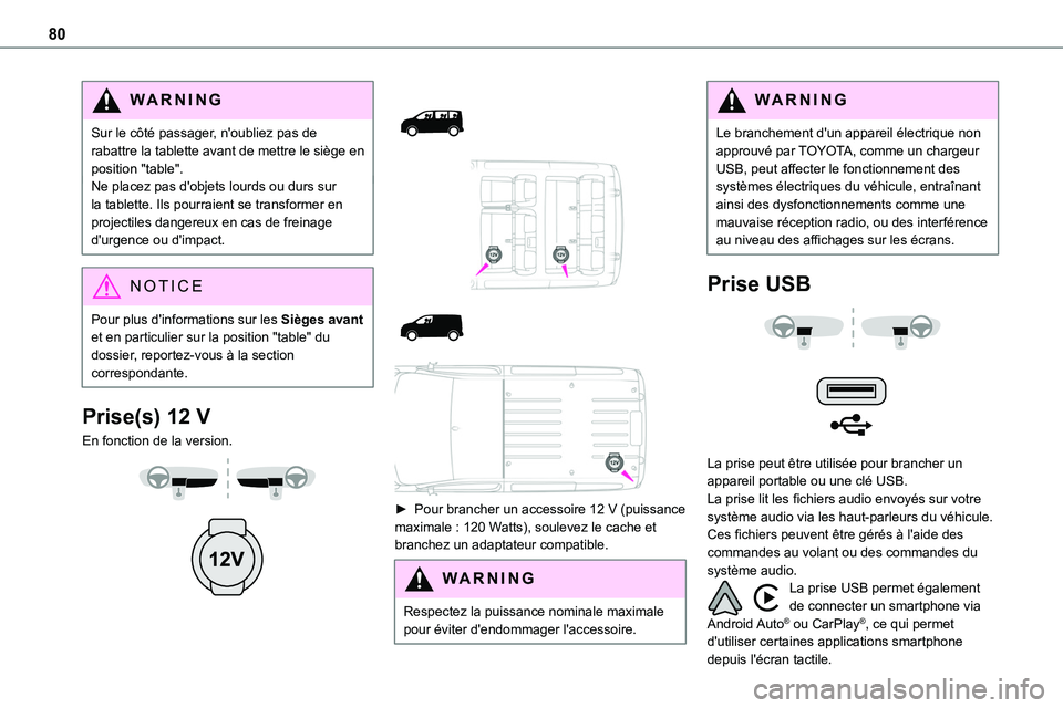 TOYOTA PROACE 2023  Manuel du propriétaire (in French) 80
WARNI NG
Sur le côté passager, n'oubliez pas de rabattre la tablette avant de mettre le siège en position "table".Ne placez pas d'objets lourds ou durs sur la tablette. Ils pourr