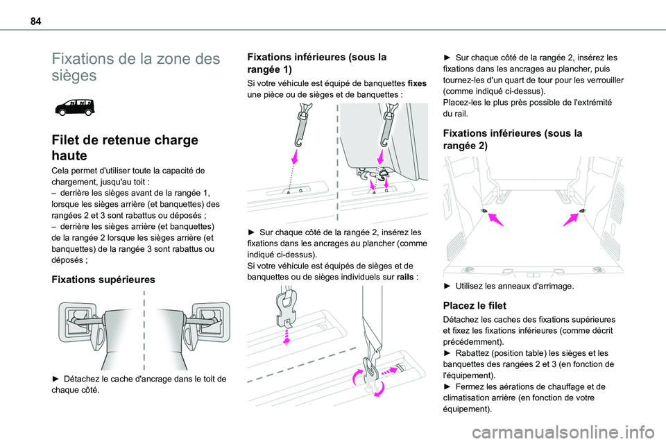 TOYOTA PROACE 2023  Manuel du propriétaire (in French) 84
Fixations de la zone des 
sièges 
 
Filet de retenue charge 
haute
Cela permet d'utiliser toute la capacité de chargement, jusqu'au toit :– derrière les sièges avant de la rangée 1, 