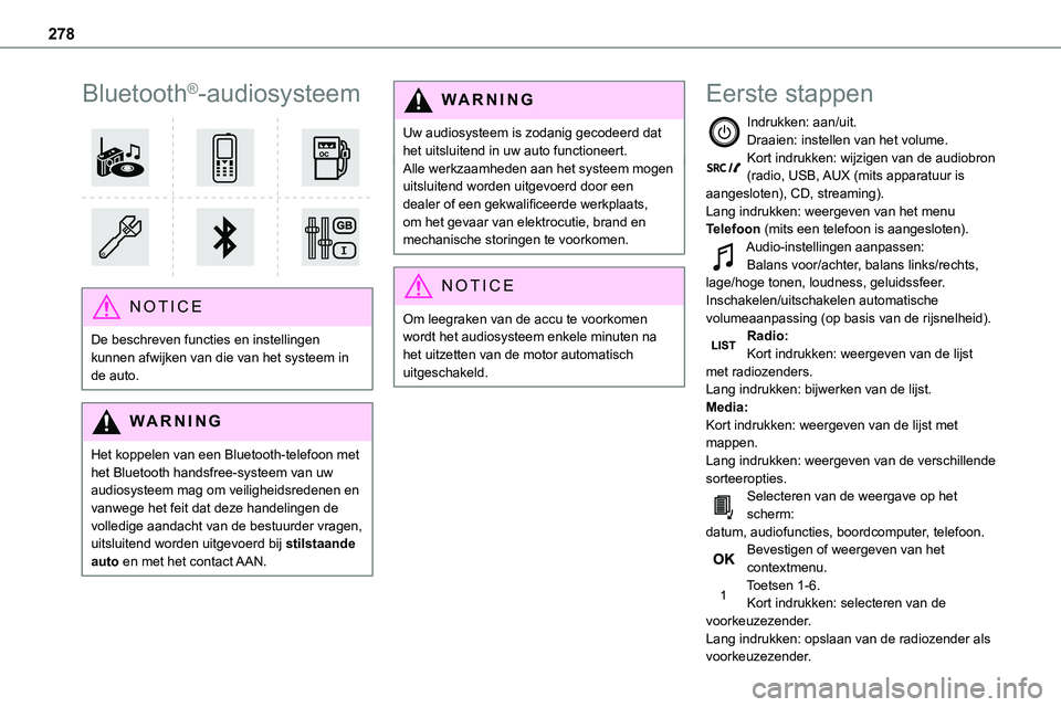 TOYOTA PROACE 2023  Instructieboekje (in Dutch) 278
Bluetooth®-audiosysteem 
 
NOTIC E
De beschreven functies en instellingen kunnen afwijken van die van het systeem in de auto.
WARNI NG
Het koppelen van een Bluetooth-telefoon met het Bluetooth ha